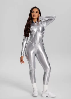 Catsuit in Stahloptik mit geschlossenem Rücken