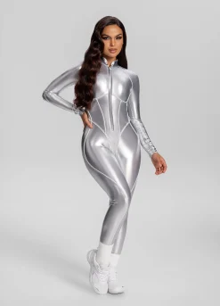 Catsuit in Stahloptik mit geschlossenem Rücken