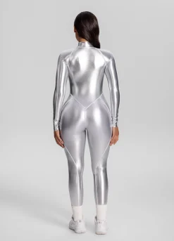 Catsuit in Stahloptik mit geschlossenem Rücken