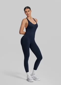 Form-Fitting Full Length Crossback Built-in Bra Sweat-Wicking Bodysuit