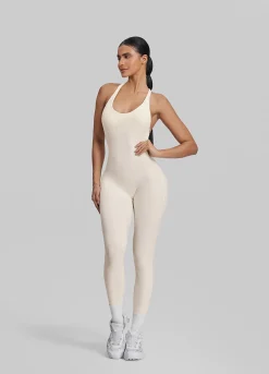 Form-Fitting Full Length Crossback Built-in Bra Sweat-Wicking Bodysuit