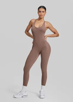 Form-Fitting Full Length Crossback Built-in Bra Sweat-Wicking Bodysuit