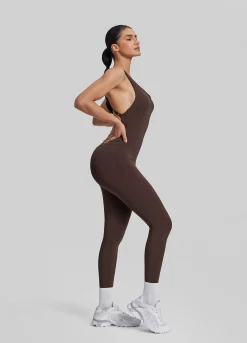 Form-Fitting Full Length Crossback Built-in Bra Sweat-Wicking Bodysuit