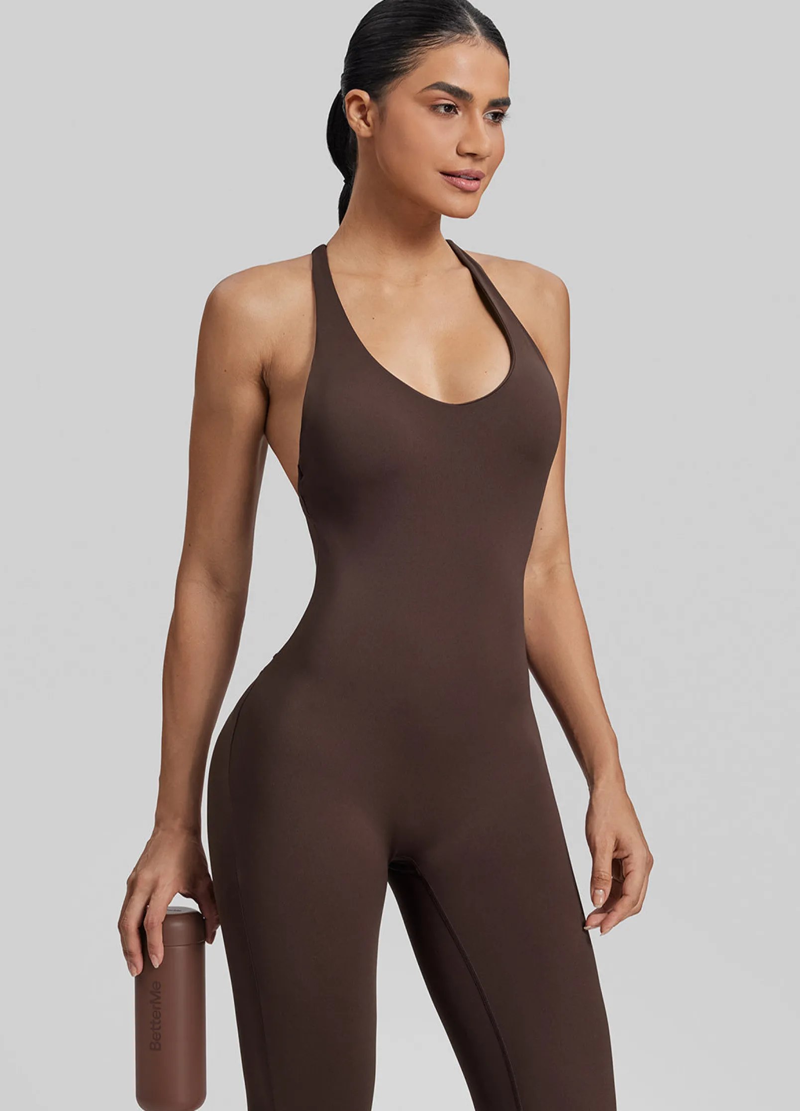 Form-Fitting Full Length Crossback Built-in Bra Sweat-Wicking Bodysuit