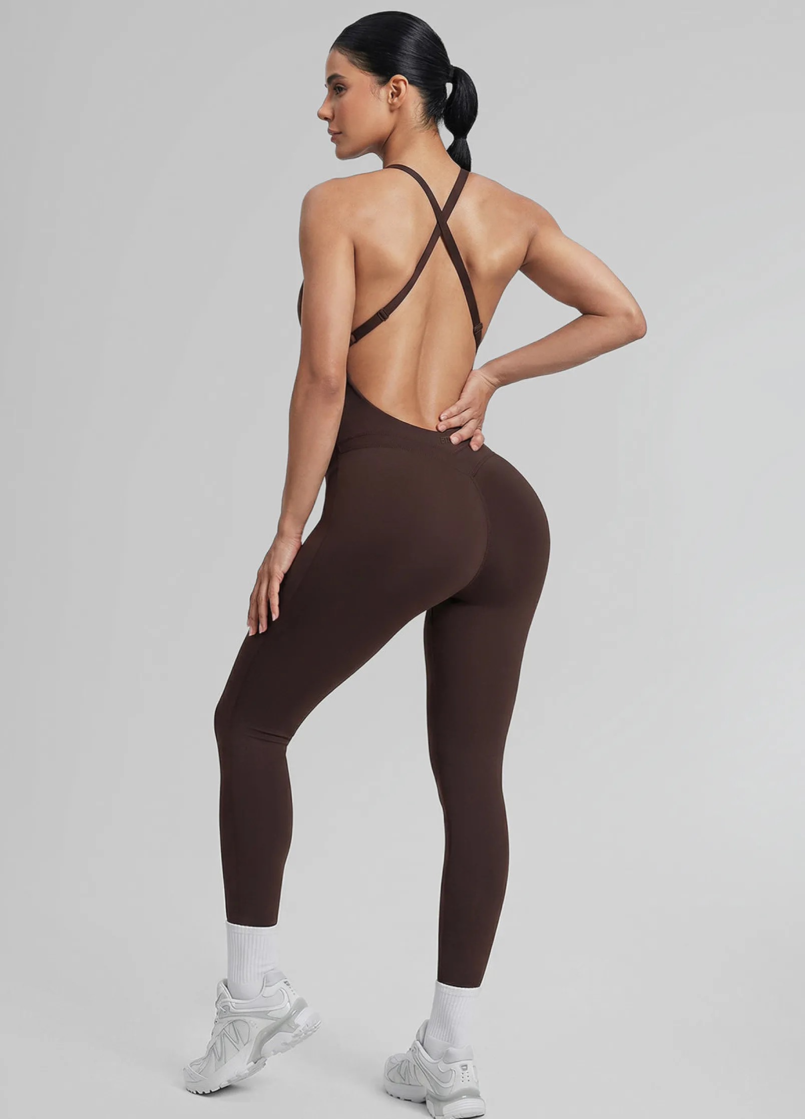 Form-Fitting Full Length Crossback Built-in Bra Sweat-Wicking Bodysuit