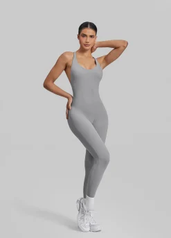Form-Fitting Full Length Crossback Built-in Bra Sweat-Wicking Bodysuit