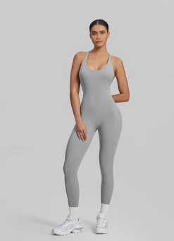 Form-Fitting Full Length Crossback Built-in Bra Sweat-Wicking Bodysuit