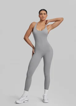 Form-Fitting Full Length Crossback Built-in Bra Sweat-Wicking Bodysuit