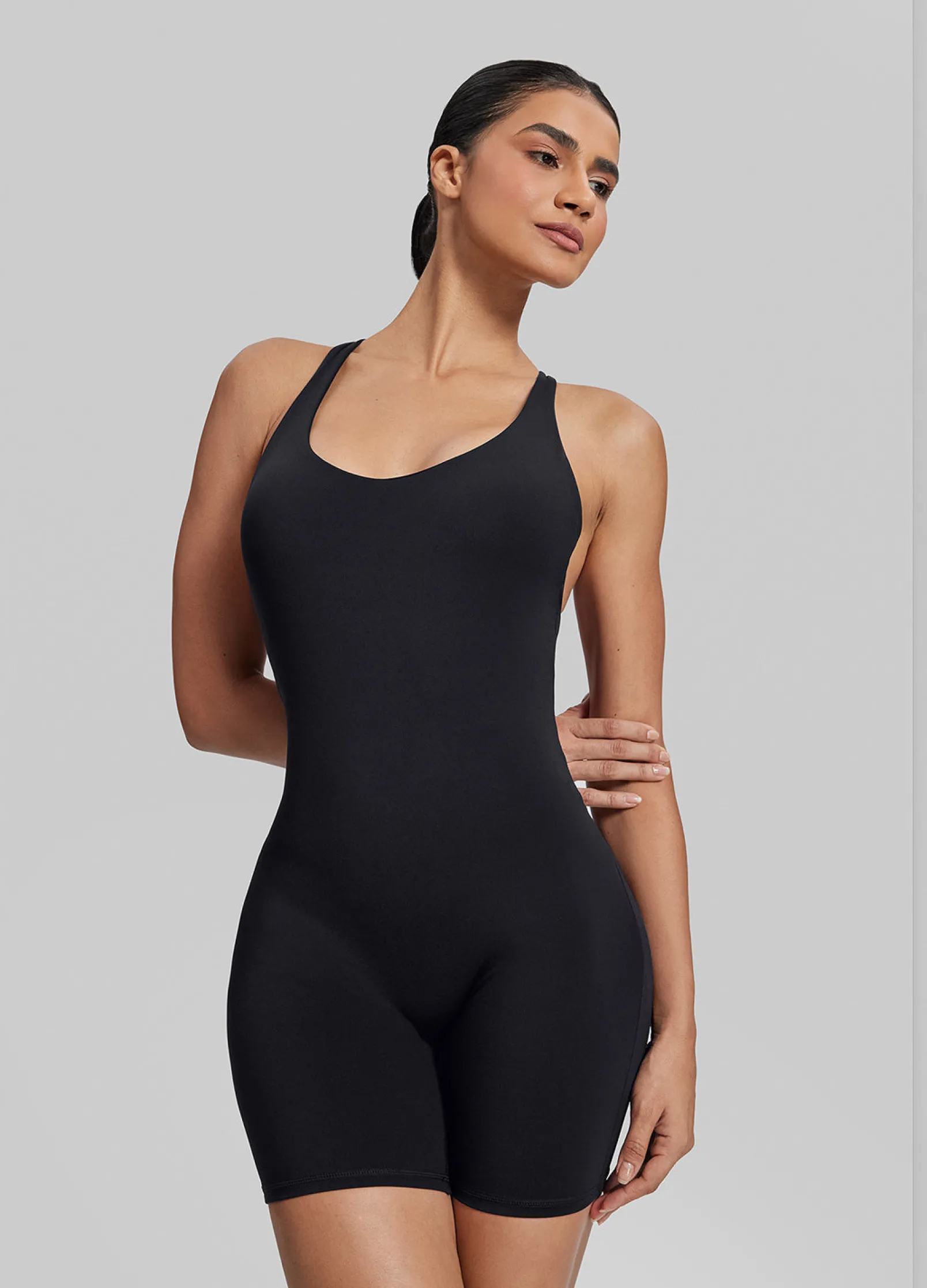 Form-Fitting Shorts Crossback Built-in Bra Sweat-Wicking Bodysuit