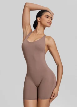 Form-Fitting Shorts Crossback Built-in Bra Sweat-Wicking Bodysuit