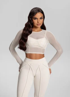 Konturiertes, transparentes Langarm-Crop-Top