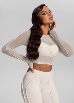 Konturiertes, transparentes Langarm-Crop-Top