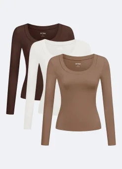 Langarmshirt mit tiefem Rundhalsausschnitt – 3er-Pack