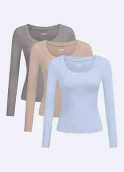 Langarmshirt mit tiefem Rundhalsausschnitt – 3er-Pack