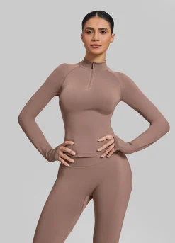 SculptMe Longline Form-Fitting Seamless Thumb Hole Twill Knit Half-Zip Top
