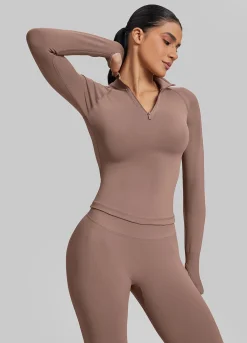 SculptMe Longline Form-Fitting Seamless Thumb Hole Twill Knit Half-Zip Top