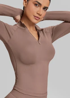 SculptMe Longline Form-Fitting Seamless Thumb Hole Twill Knit Half-Zip Top