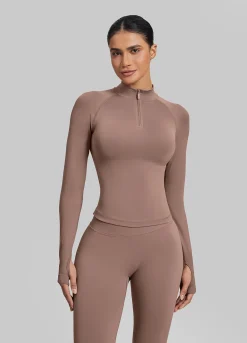 SculptMe Longline Form-Fitting Seamless Thumb Hole Twill Knit Half-Zip Top