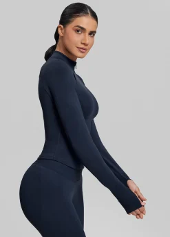 SculptMe Longline Form-Fitting Seamless Thumb Hole Twill Knit Half-Zip Top