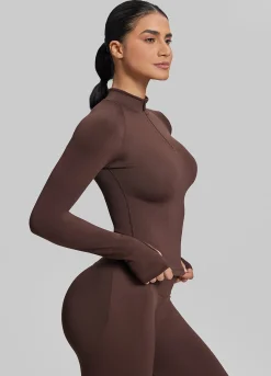 SculptMe Longline Form-Fitting Seamless Thumb Hole Twill Knit Half-Zip Top