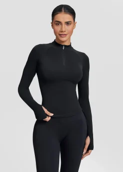 SculptMe Longline Form-Fitting Seamless Thumb Hole Twill Knit Half-Zip Top