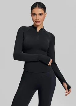 SculptMe Longline Form-Fitting Seamless Thumb Hole Twill Knit Half-Zip Top