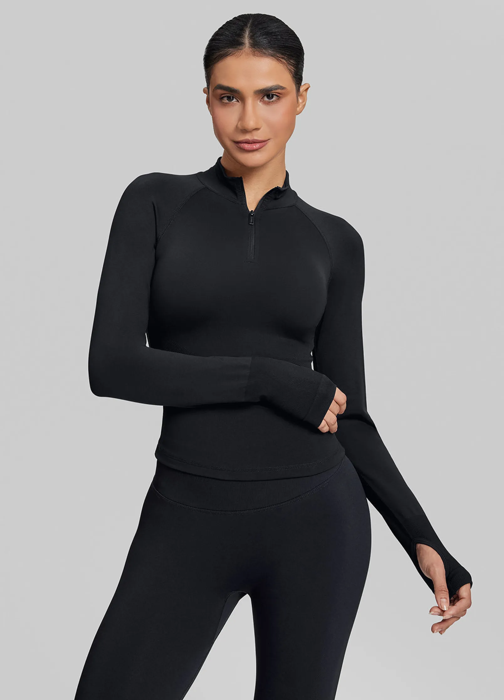 SculptMe Longline Form-Fitting Seamless Thumb Hole Twill Knit Half-Zip Top