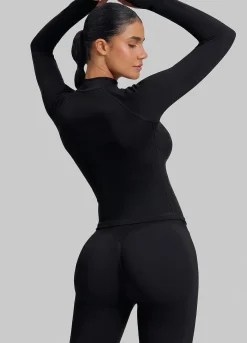 SculptMe Longline Form-Fitting Seamless Thumb Hole Twill Knit Half-Zip Top