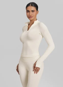 SculptMe Longline Form-Fitting Seamless Thumb Hole Twill Knit Half-Zip Top