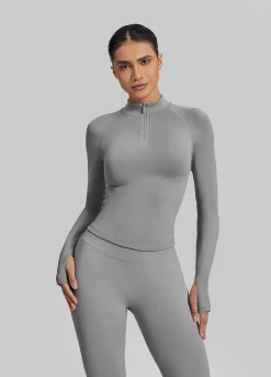 SculptMe Longline Form-Fitting Seamless Thumb Hole Twill Knit Half-Zip Top