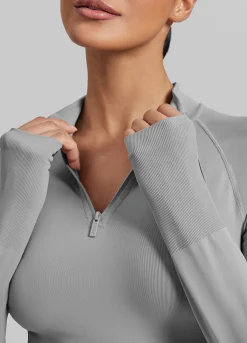 SculptMe Longline Form-Fitting Seamless Thumb Hole Twill Knit Half-Zip Top