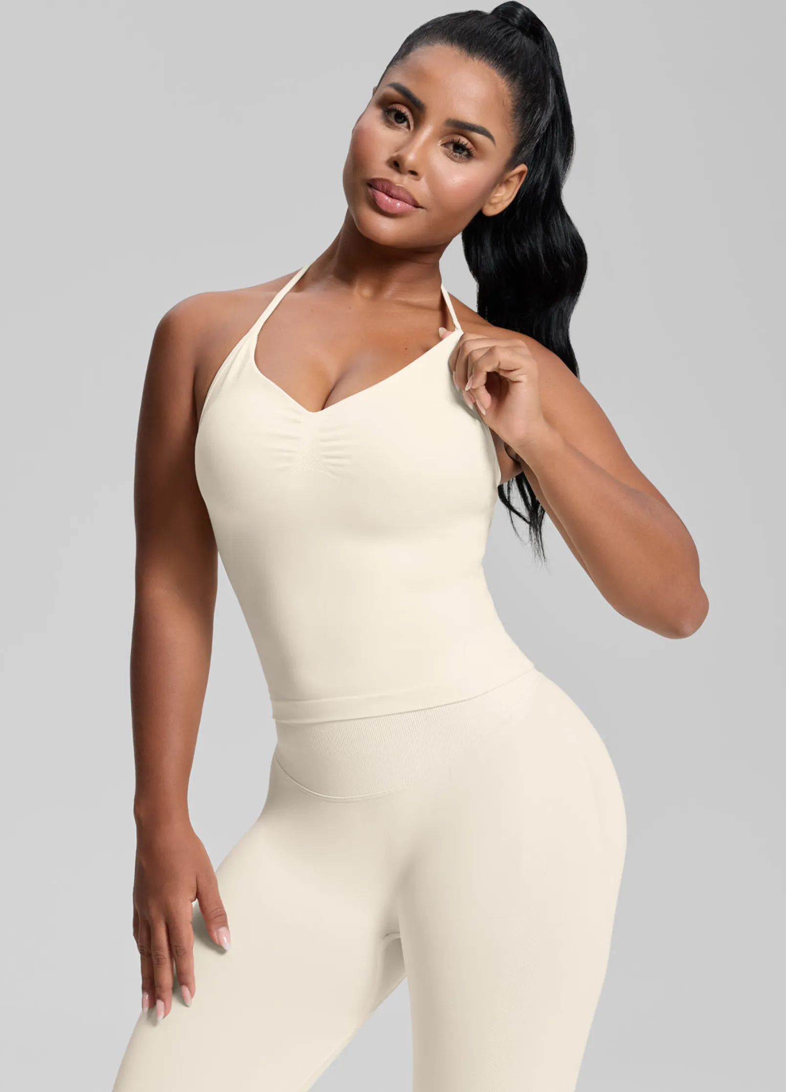 SculptMe Longline Halterneck Form-Fitting Built-in Bra Twill Knit Tank Top