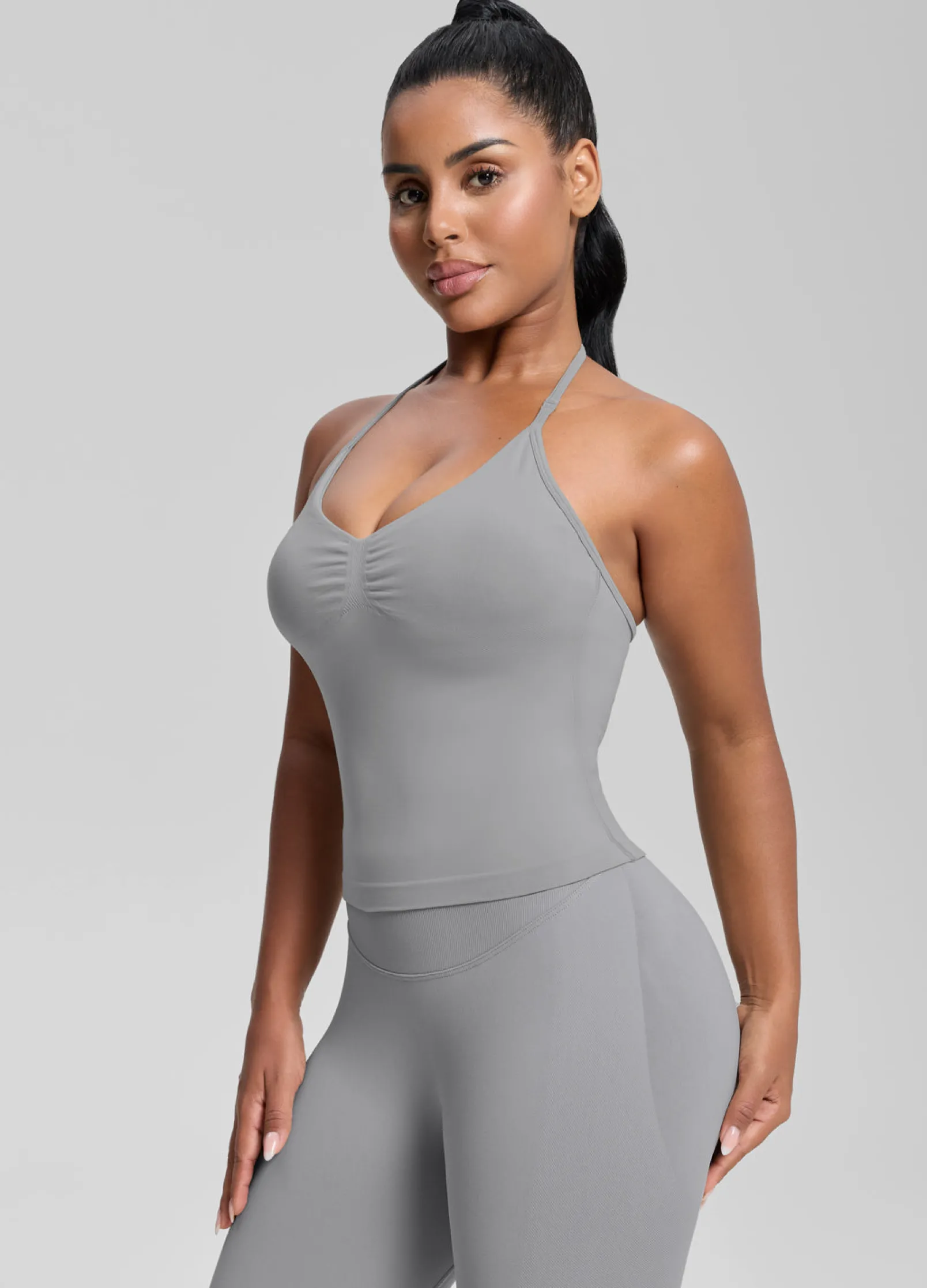 SculptMe Longline Halterneck Form-Fitting Built-in Bra Twill Knit Tank Top