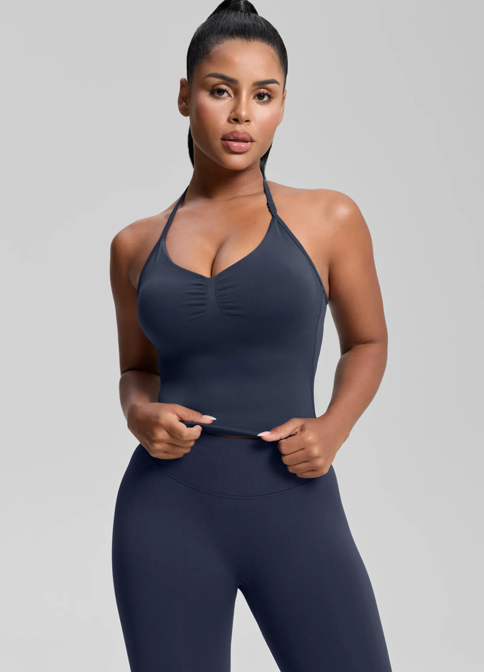 SculptMe Longline Halterneck Form-Fitting Built-in Bra Twill Knit Tank Top