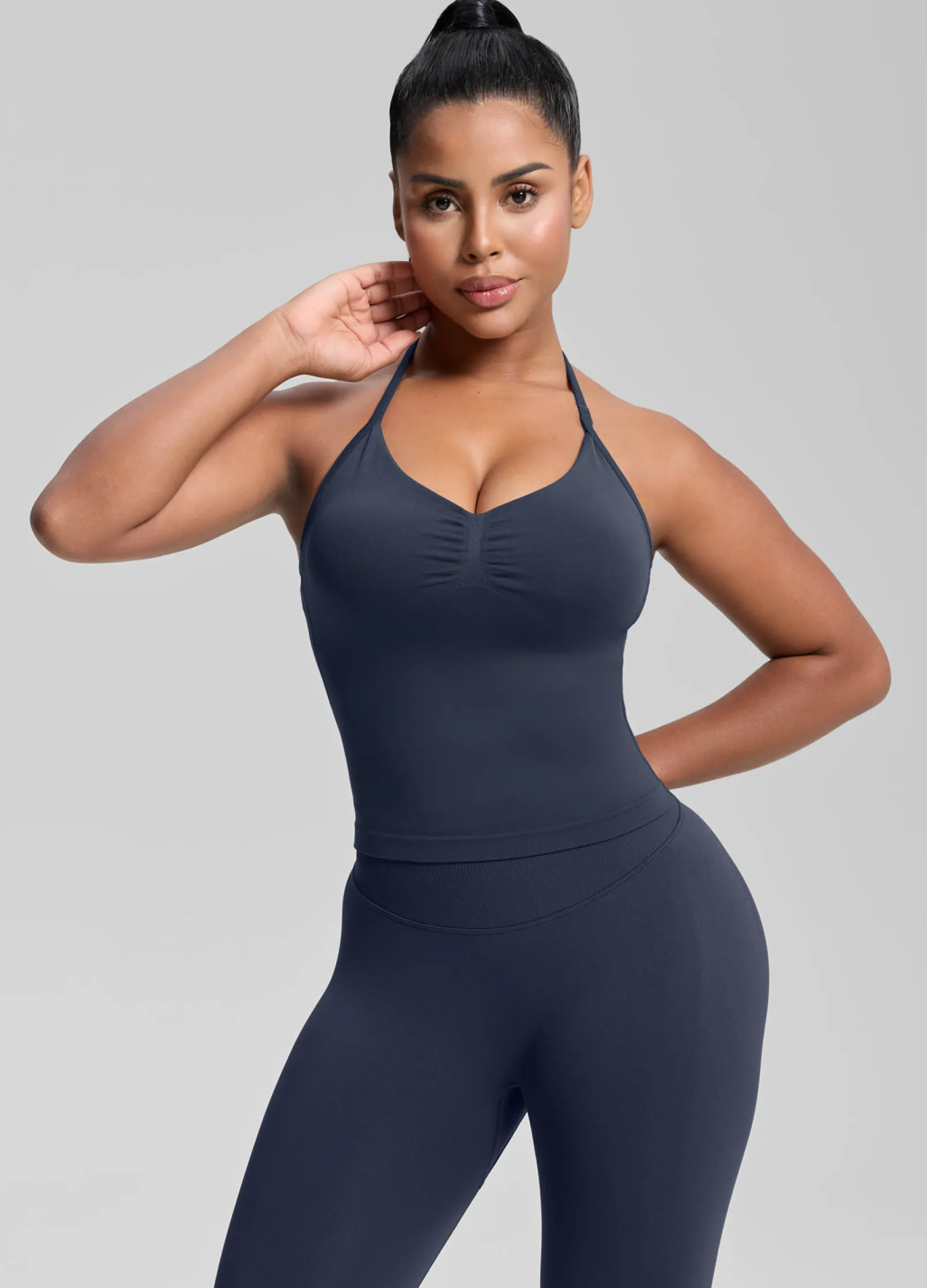 SculptMe Longline Halterneck Form-Fitting Built-in Bra Twill Knit Tank Top