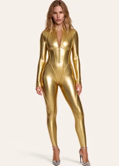 Shiny Golden Closed-Back Catsuit