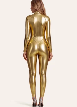 Shiny Golden Closed-Back Catsuit